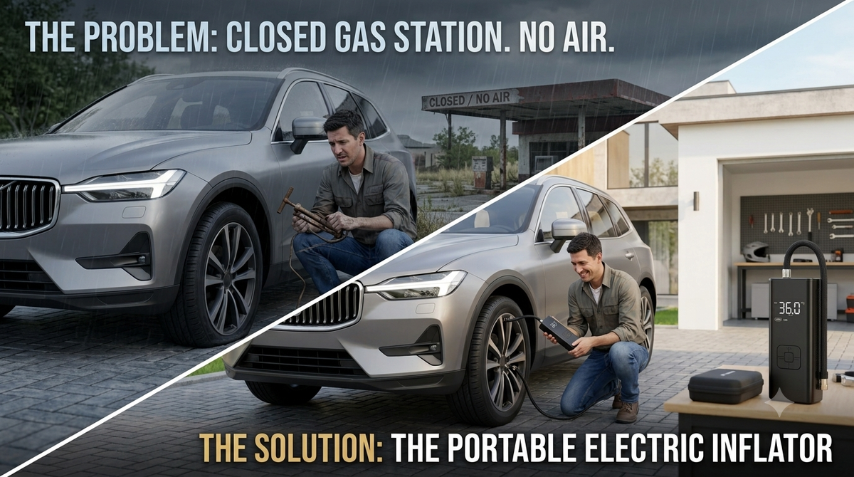 Portable air pump for inflating a car tire at home