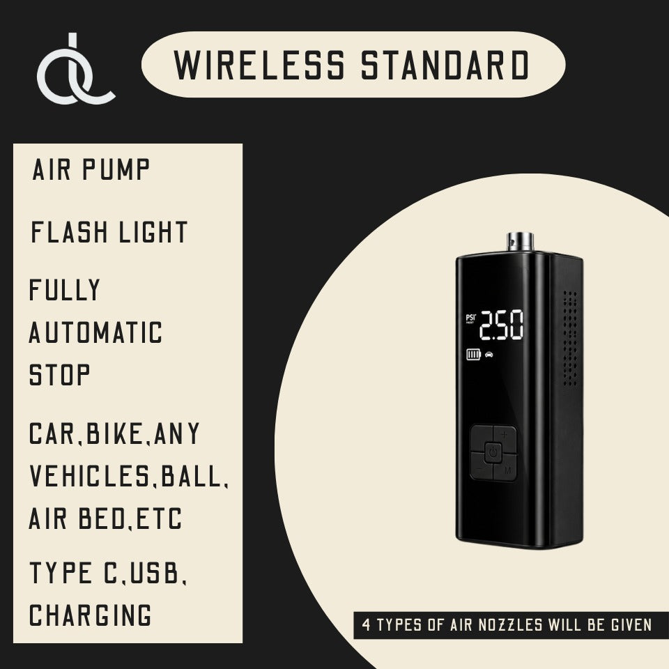 Portable electric air pump for tires and inflatables with automatic stop and USB charging features.