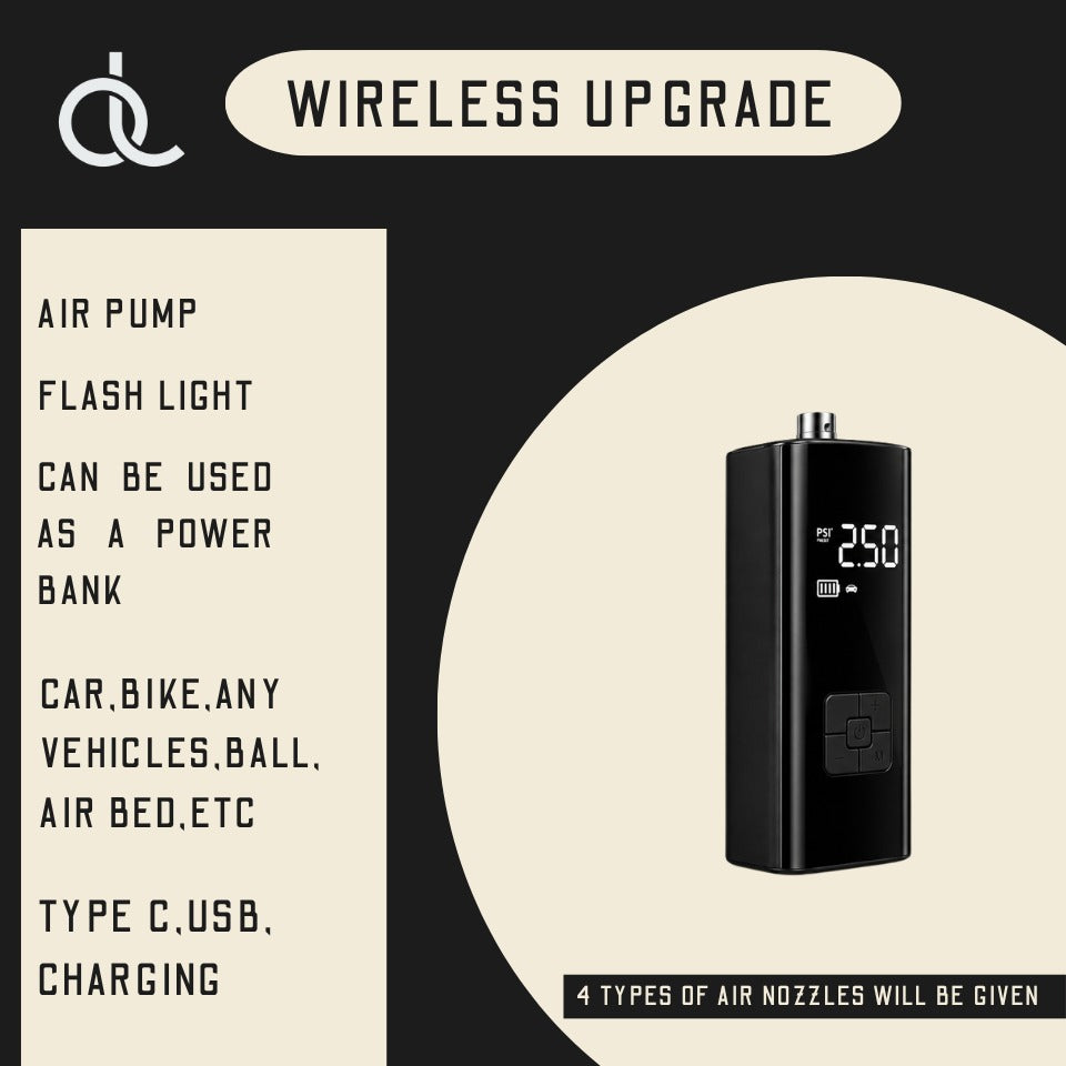 Portable electric air pump for tires and inflatables with wireless upgrade and multiple uses like powering devices.