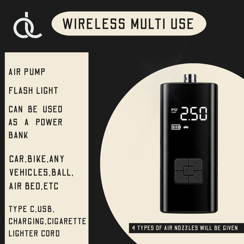 Portable electric air pump for tires and inflatables with display and multiple uses for vehicles, sports, and charging.